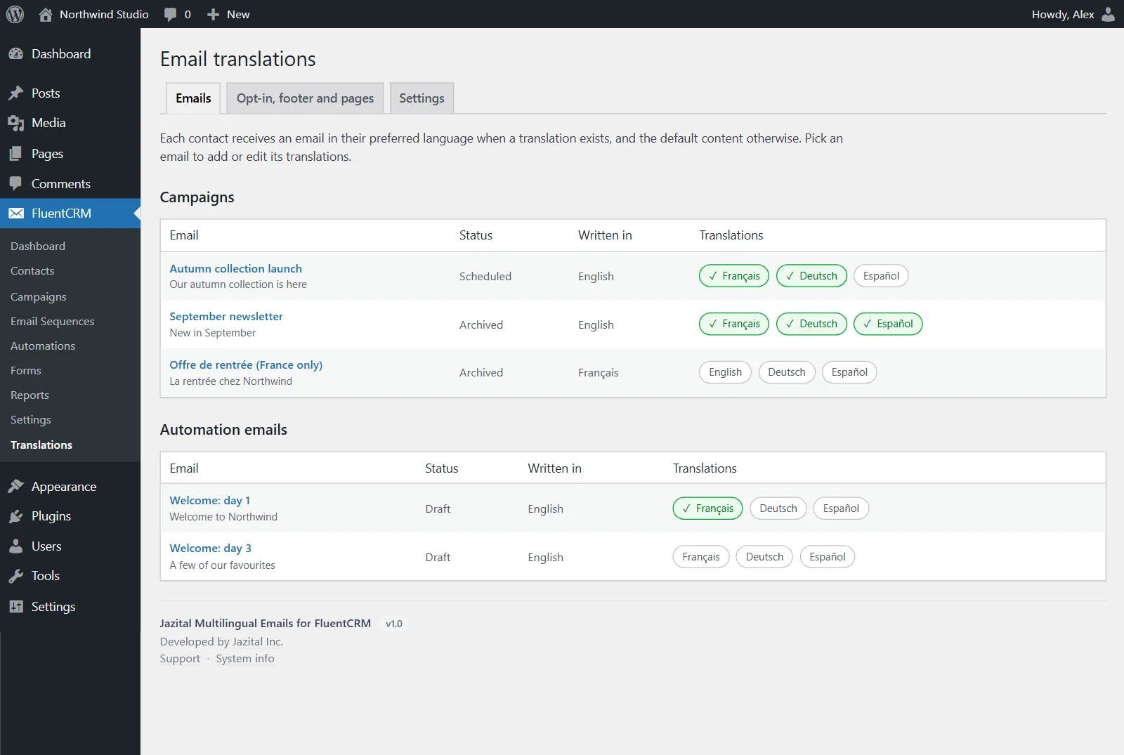 FluentCRM multilingual emails: campaigns with their French, German and Spanish translations