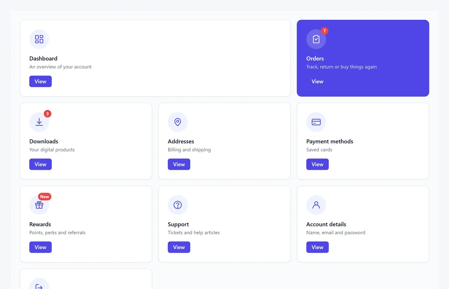Cards layout with order and download badges