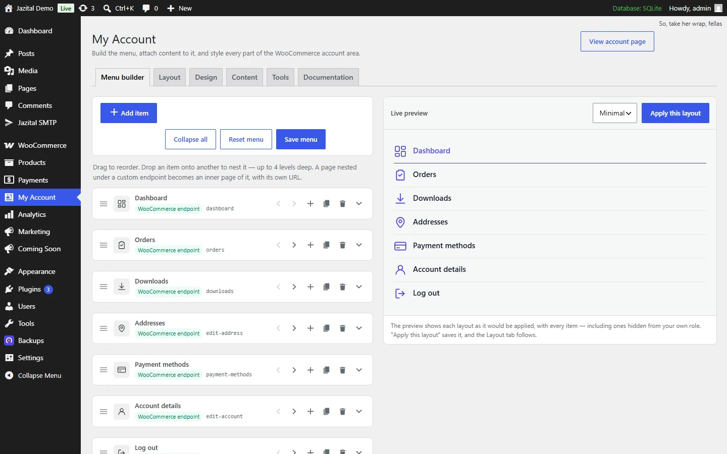 WooCommerce My Account page customizer: the menu builder with a live preview
