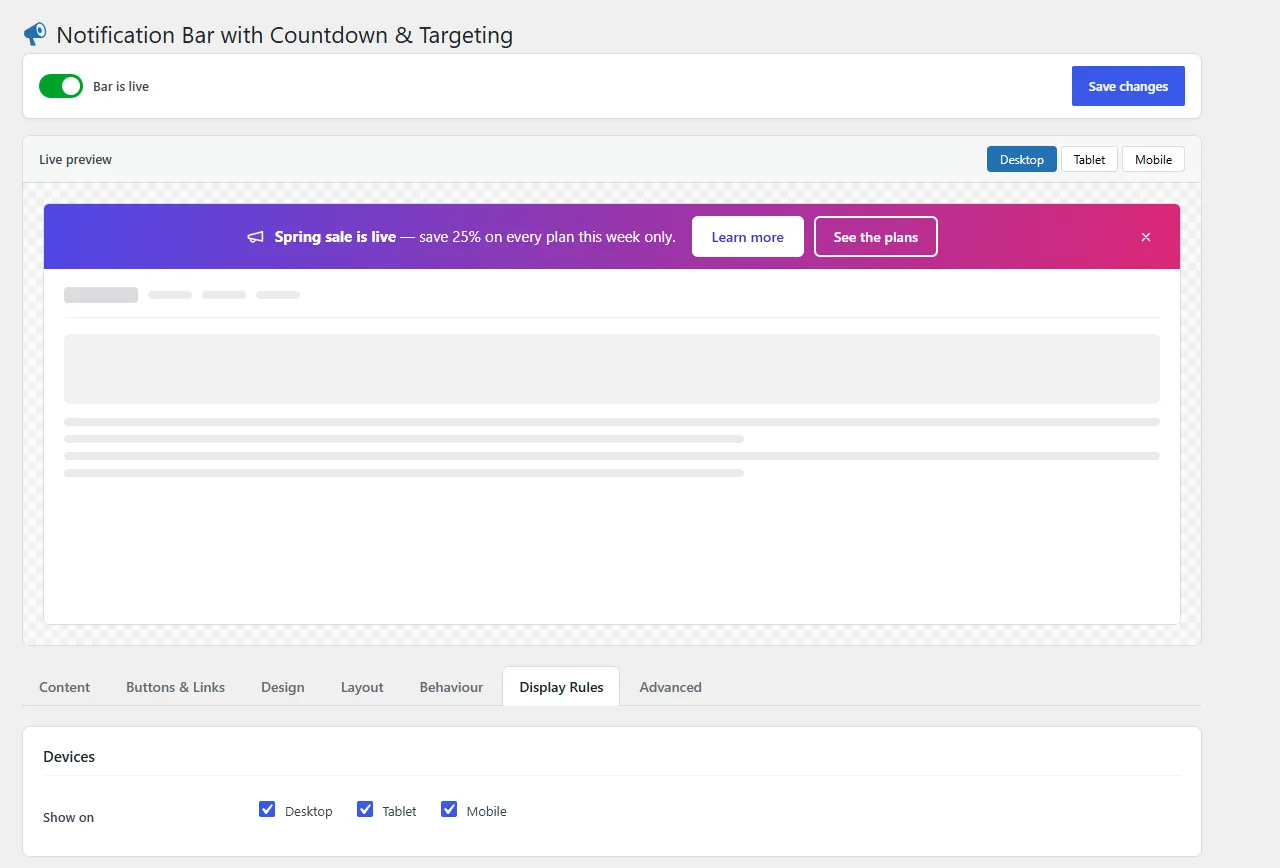 Display rules tab: show the bar on desktop, tablet and mobile