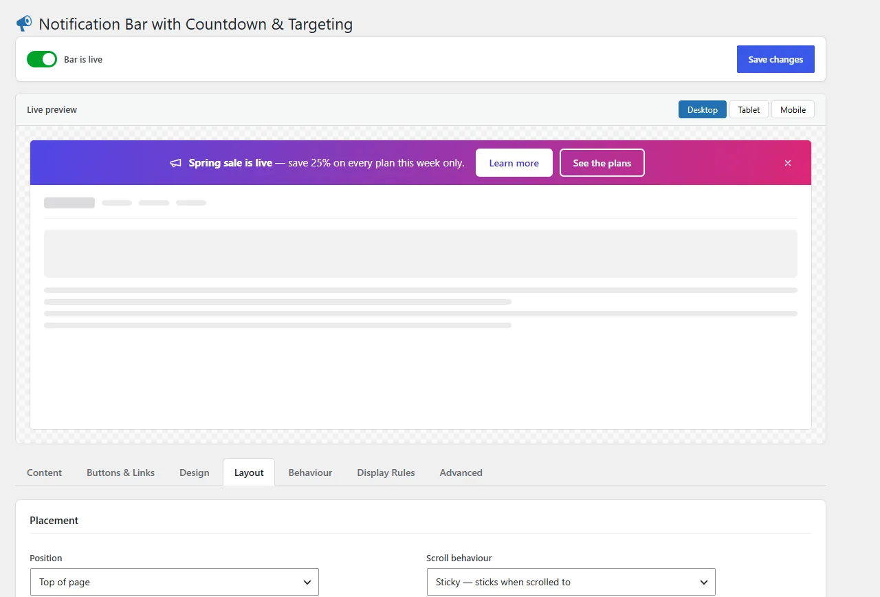 Sticky header bar placement settings: top of page, sticky