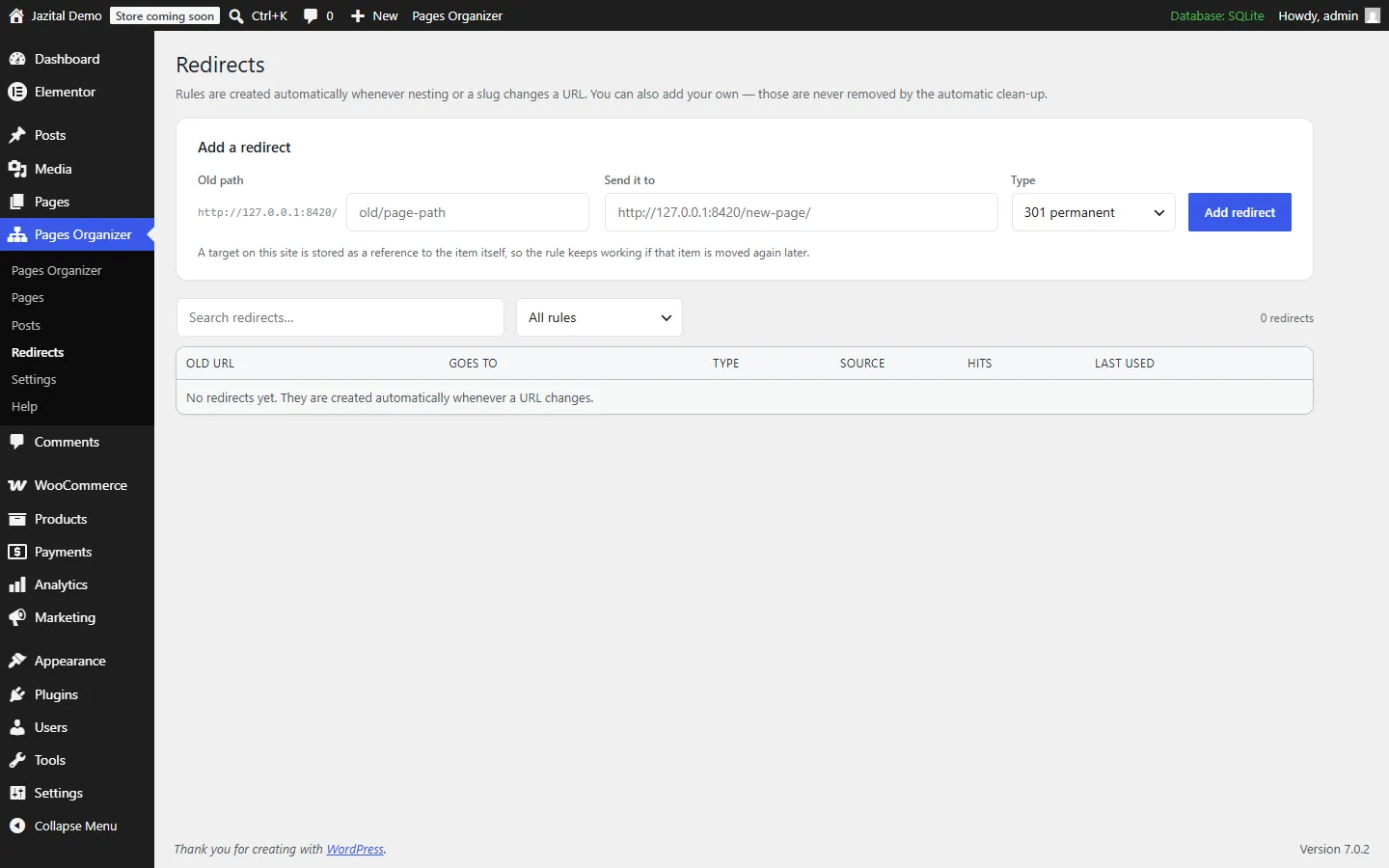 The Redirects screen, where automatic 301 redirects are listed
