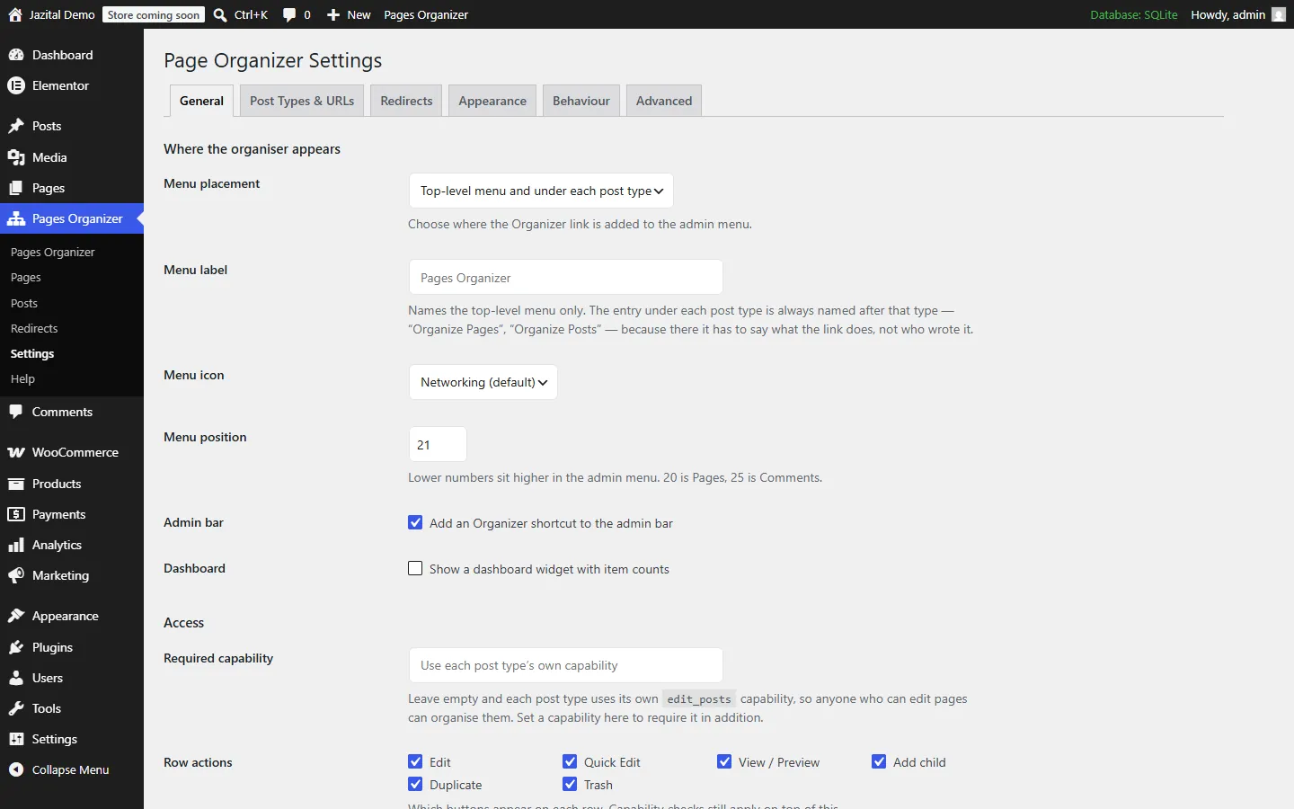 Page Organizer settings, General tab