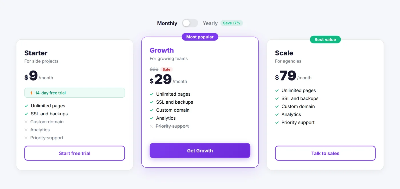 Elementor pricing table widget, Classic layout, with three plans and a monthly/yearly toggle