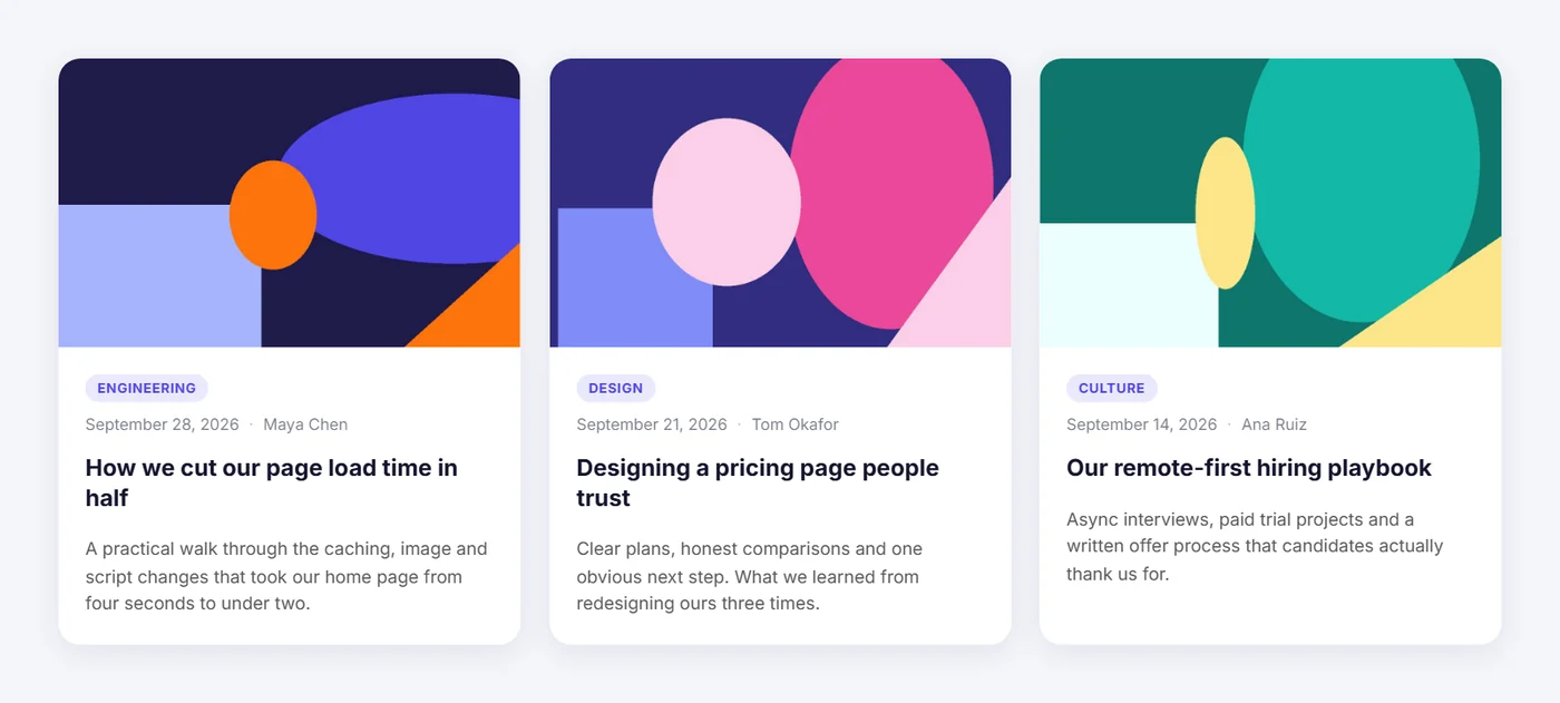 Grid layout of remote posts with images, categories and authors
