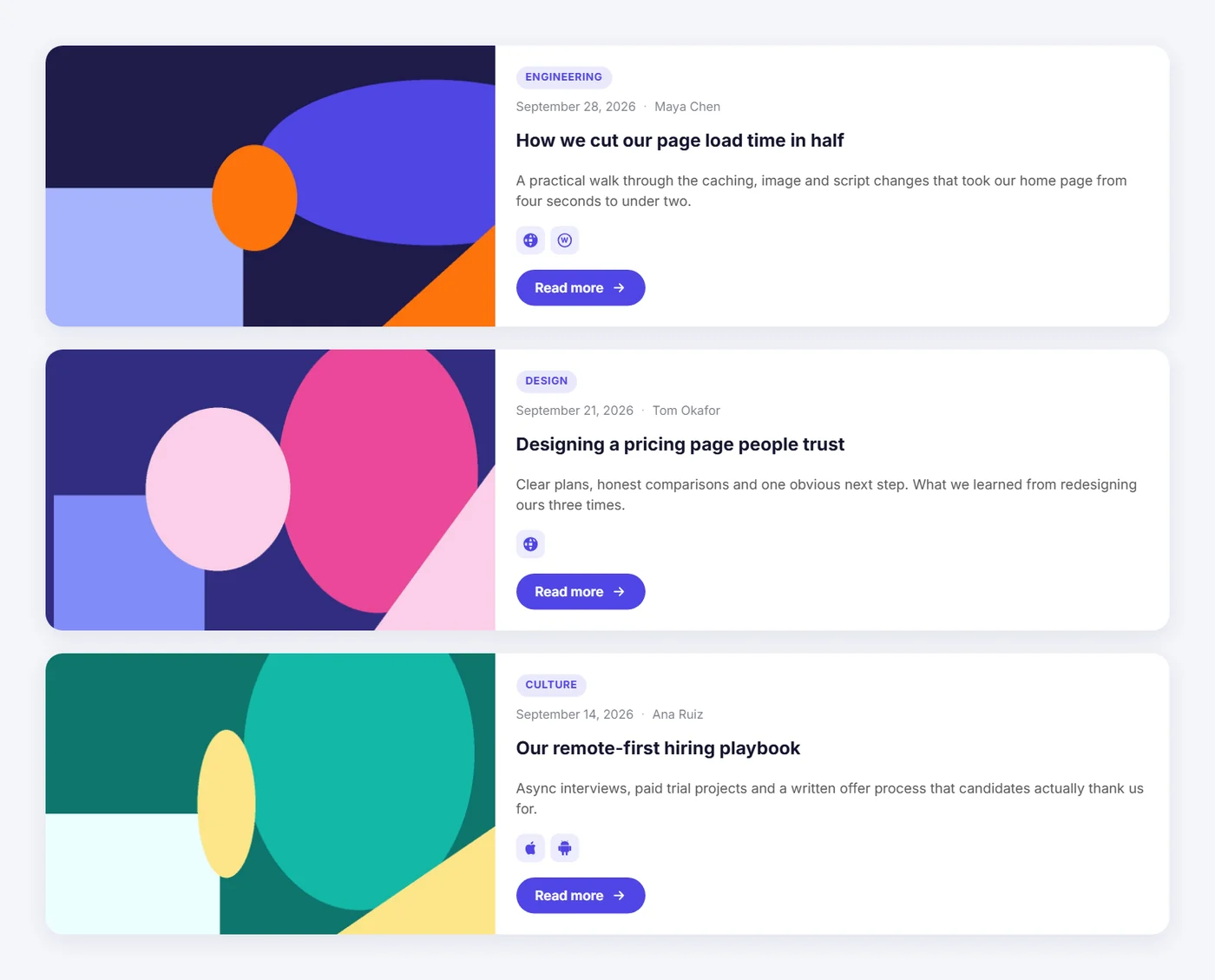List layout with Read more buttons and platform icons