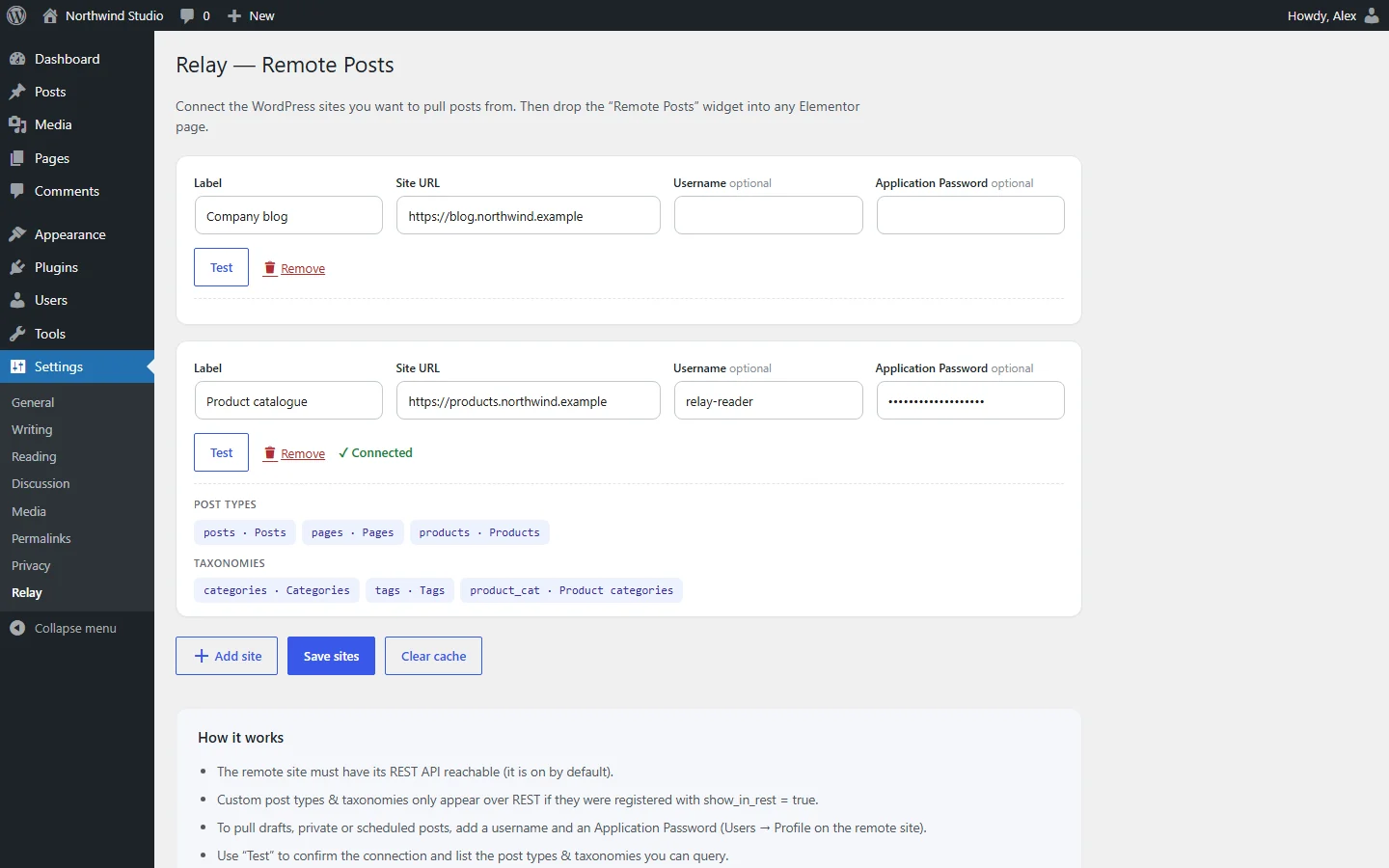 Settings → Relay with two connected WordPress sites and their post types