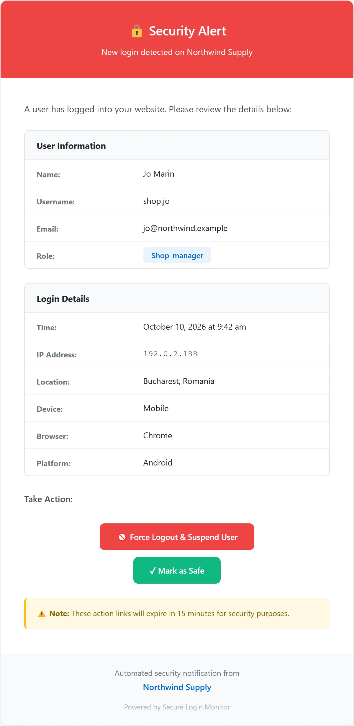Login alert email with Force Logout & Suspend and Mark as Safe