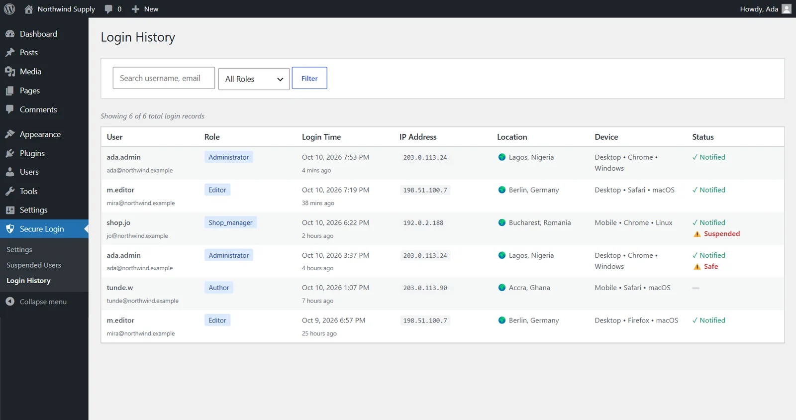 WordPress login alert plugin login history with IP, location, device and actions