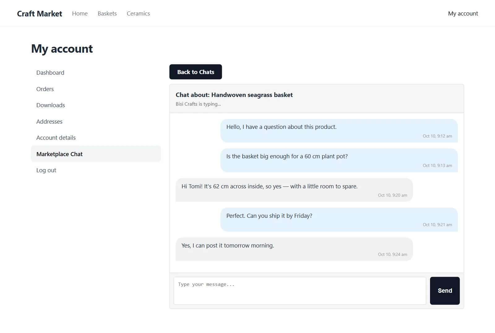 A buyer and seller conversation in My Account