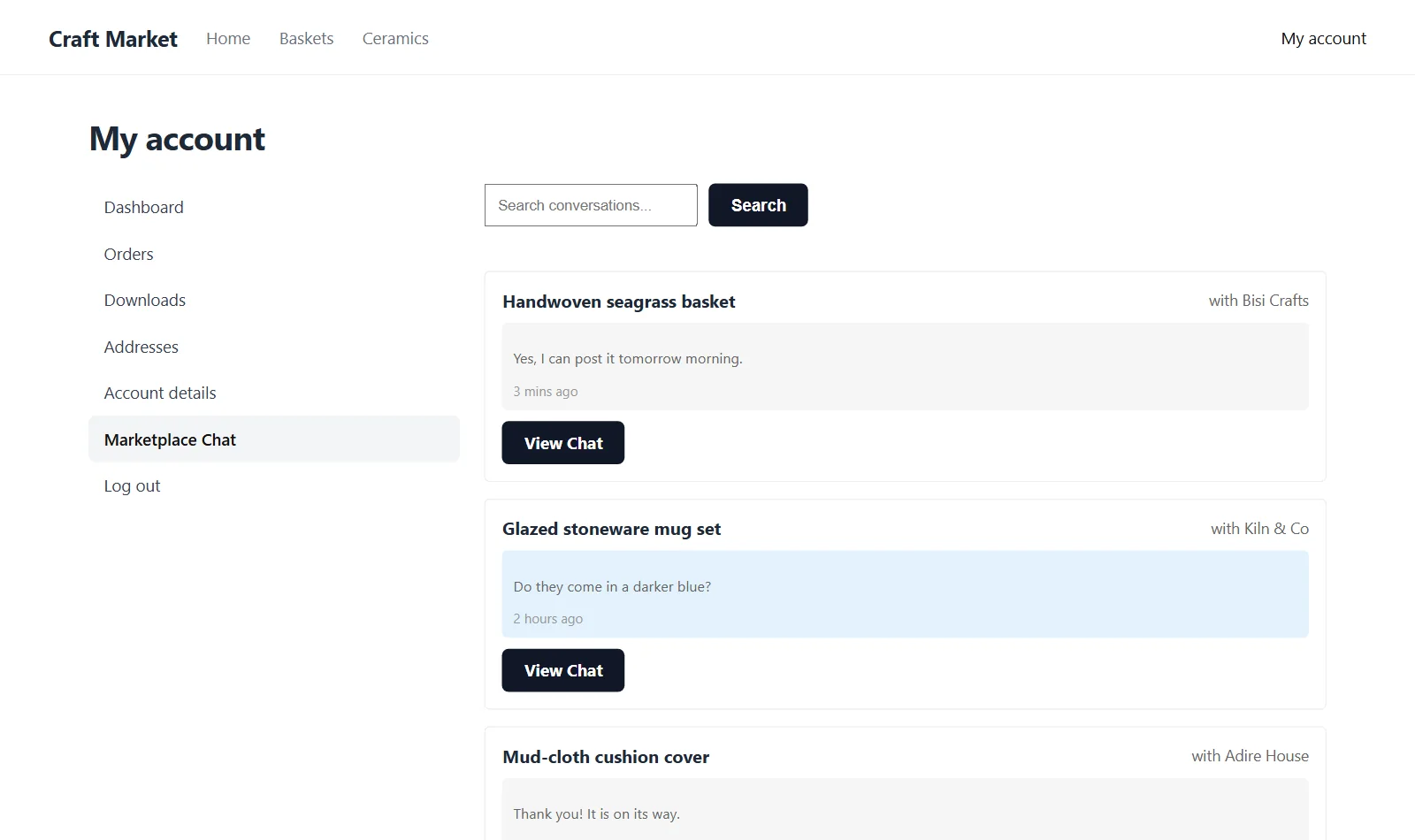Marketplace Chat tab in WooCommerce My Account