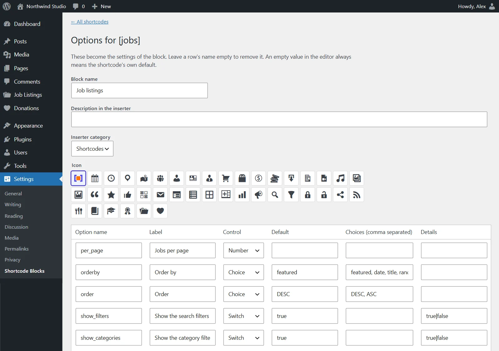 Options for the jobs shortcode: labels, controls, defaults and choices for its block