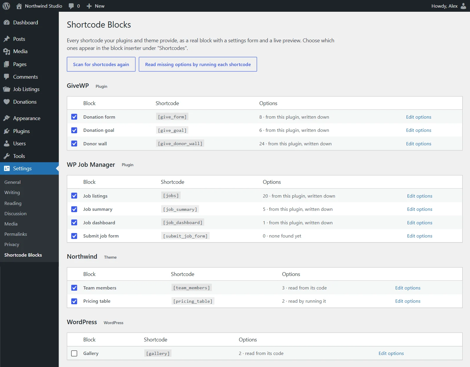 Convert shortcodes to Gutenberg blocks: shortcodes from GiveWP, WP Job Manager and the theme, each offered as a block