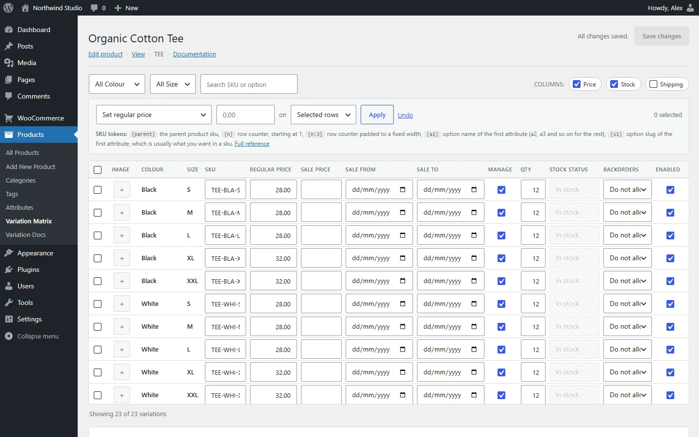 Variation matrix: bulk edit WooCommerce variations of a T-shirt on one screen