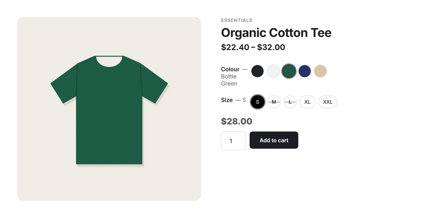 WooCommerce variation swatches: Bottle Green chosen, sizes M and L crossed out as sold out