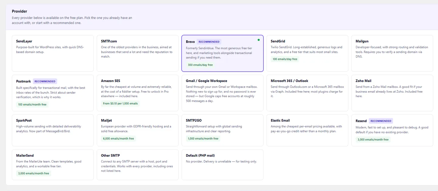 Choose an email provider: 18 options, all on the free plan