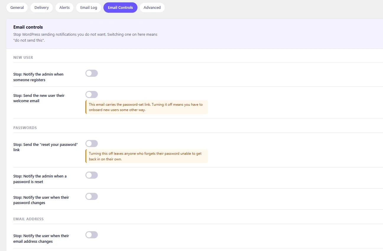 Email controls: stop individual WordPress notifications