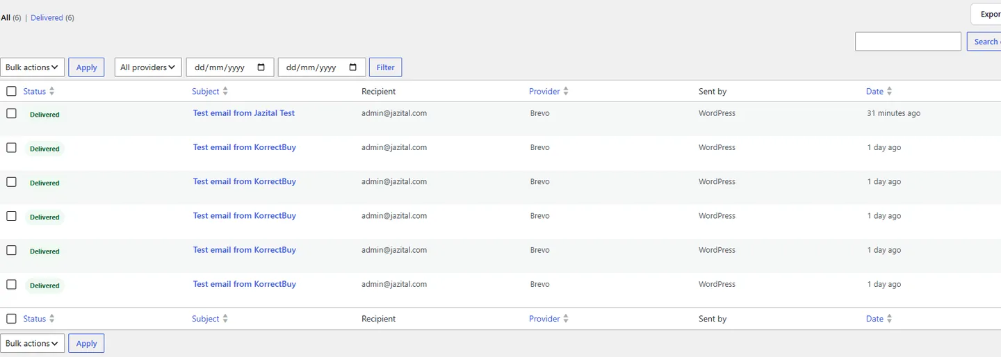 The WordPress email log, every message with its status and provider
