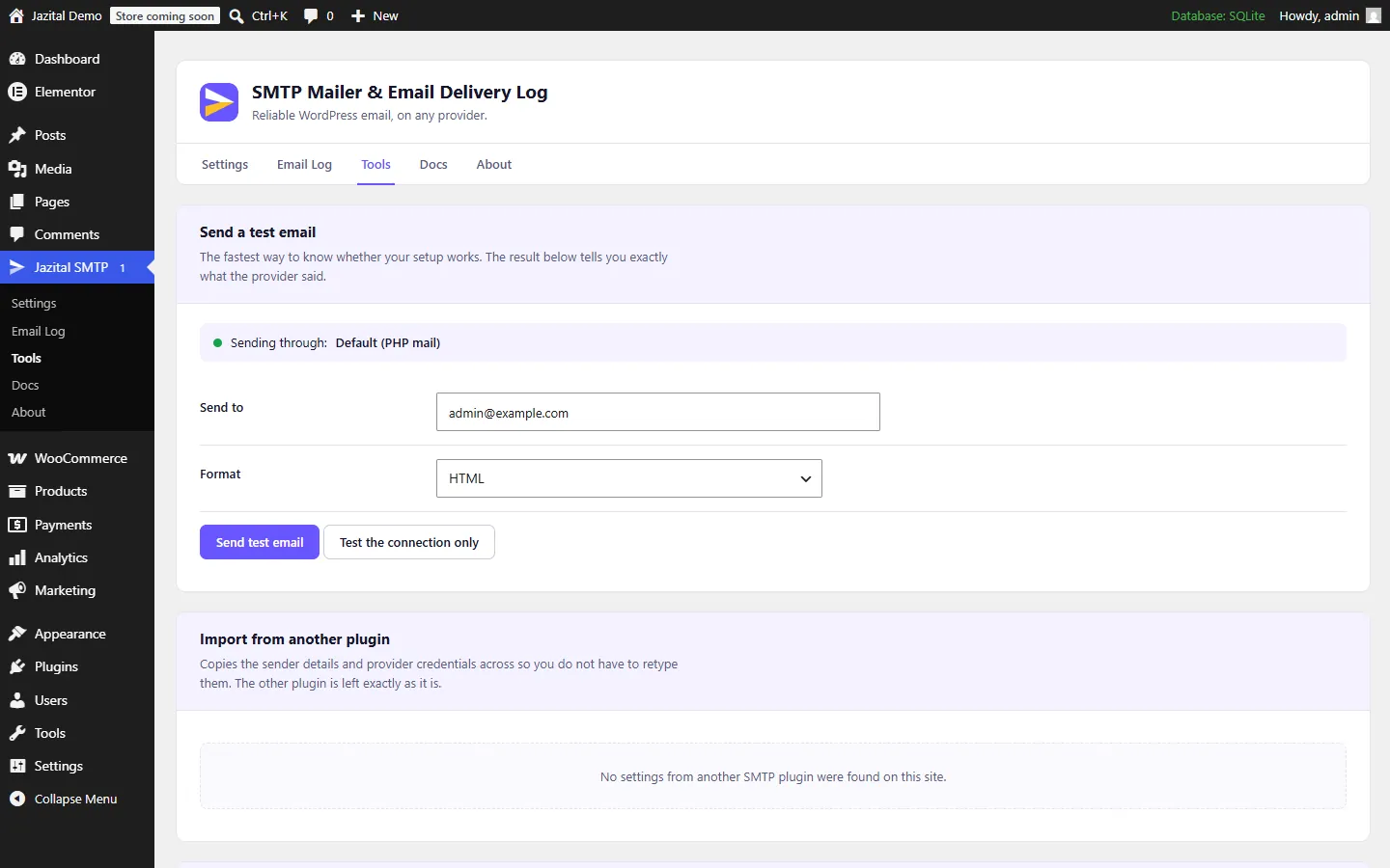 WordPress SMTP plugin: send a test email and import settings from another plugin