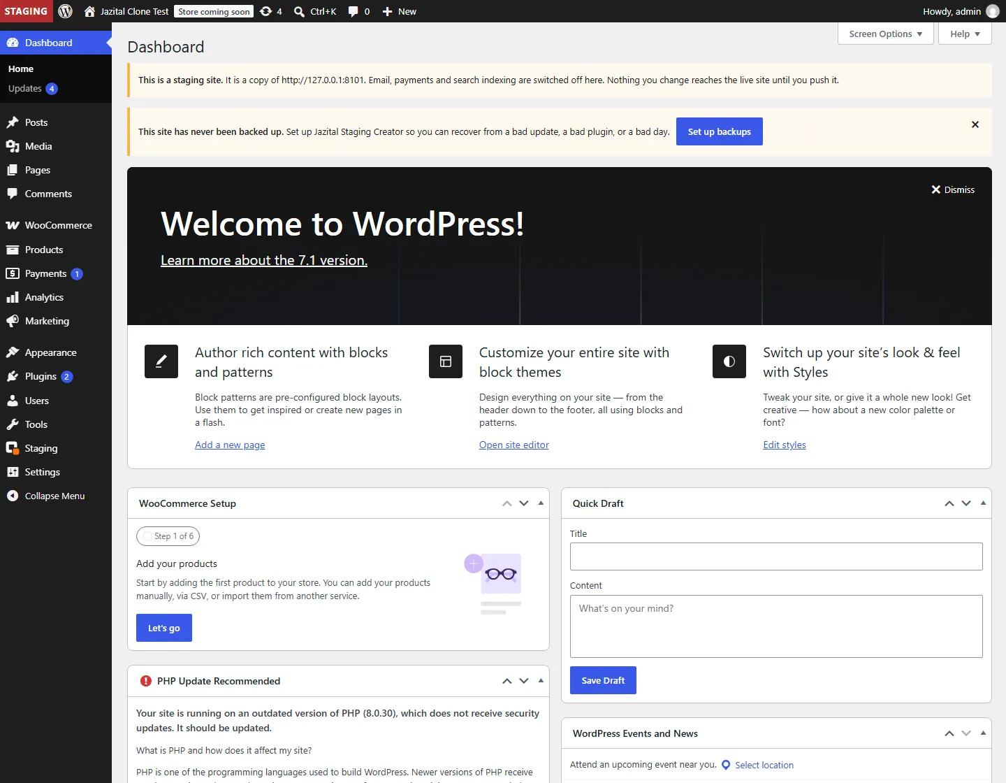 Cloned WordPress site admin with the STAGING notice