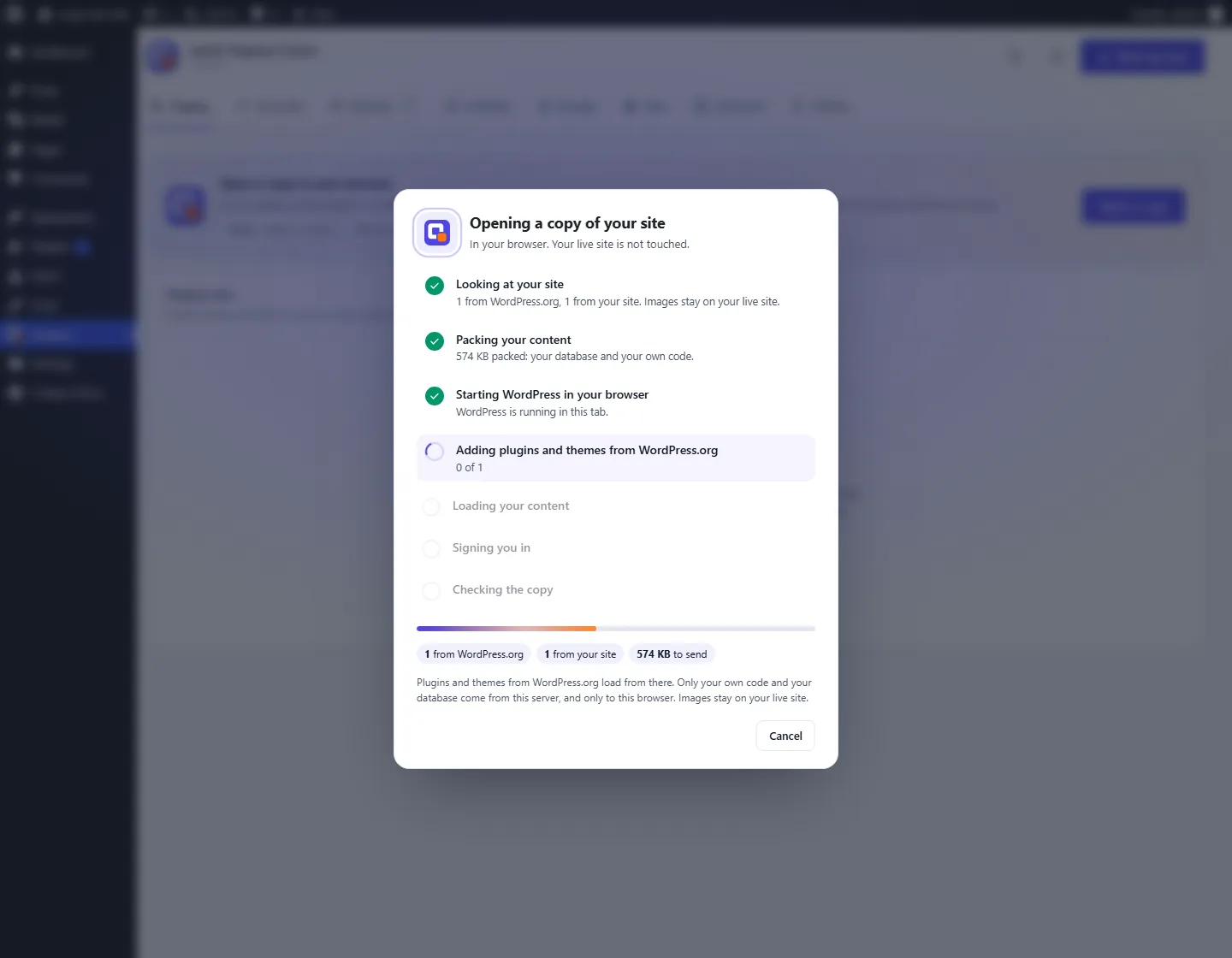 Opening a copy of the site in the browser with WordPress Playground, step by step