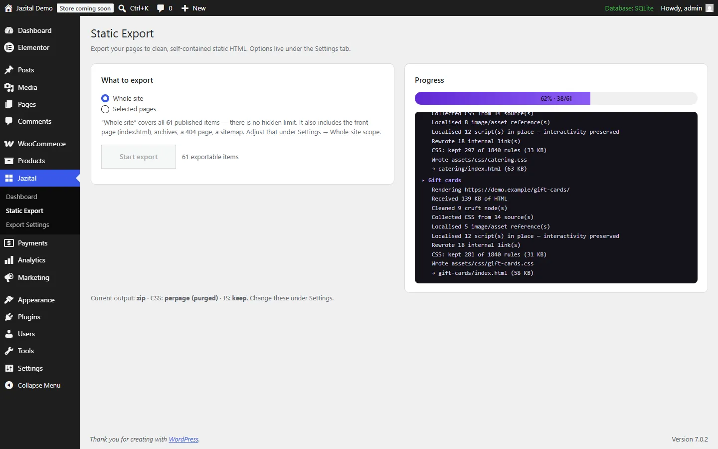 Export in progress with a per-page log of purged CSS and localised assets