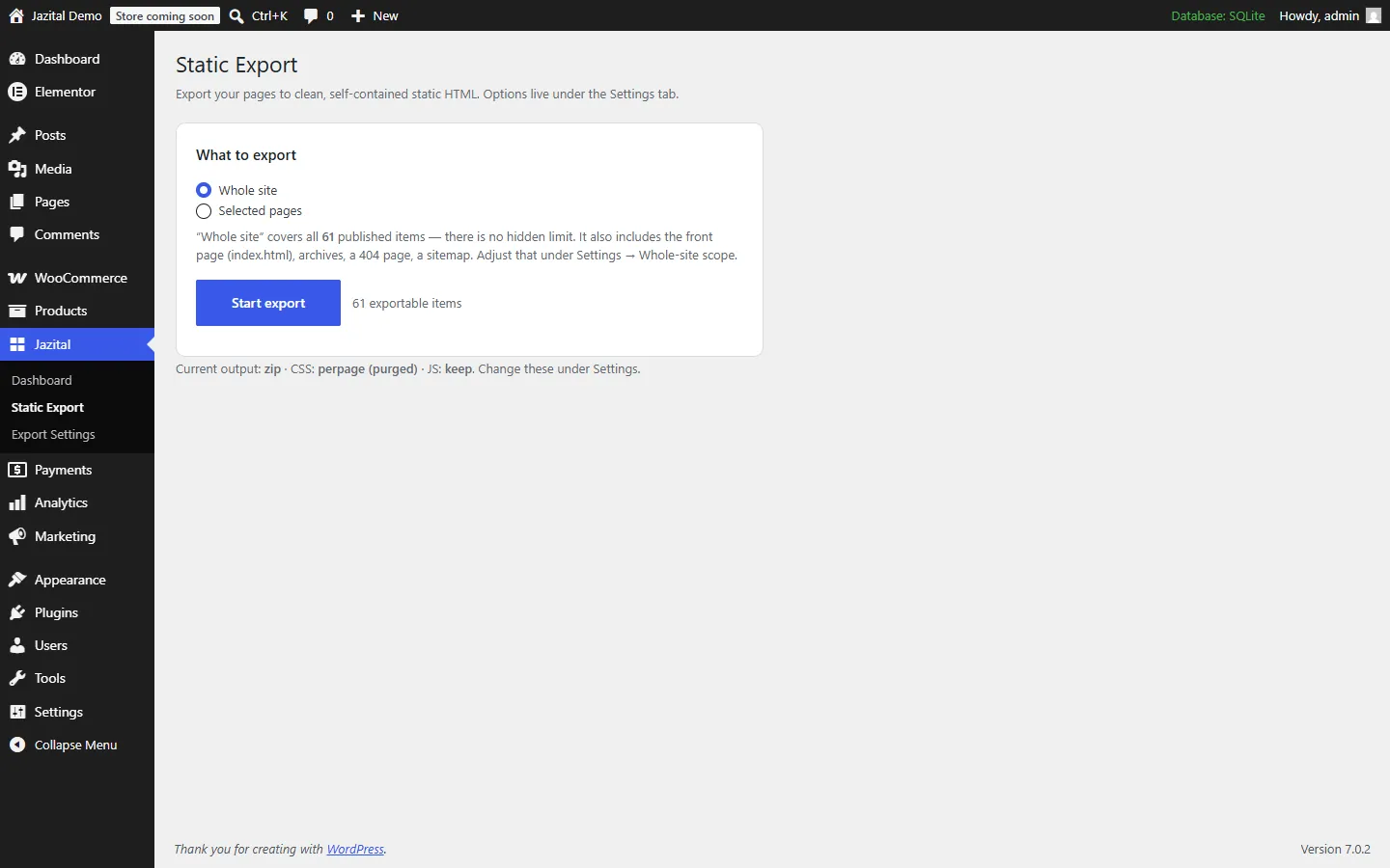 Choosing the whole site or selected pages to export to static HTML