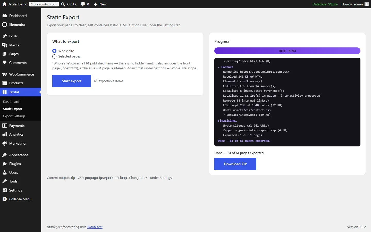 Static Export screen of the WordPress static site generator after a whole-site export, with Download ZIP