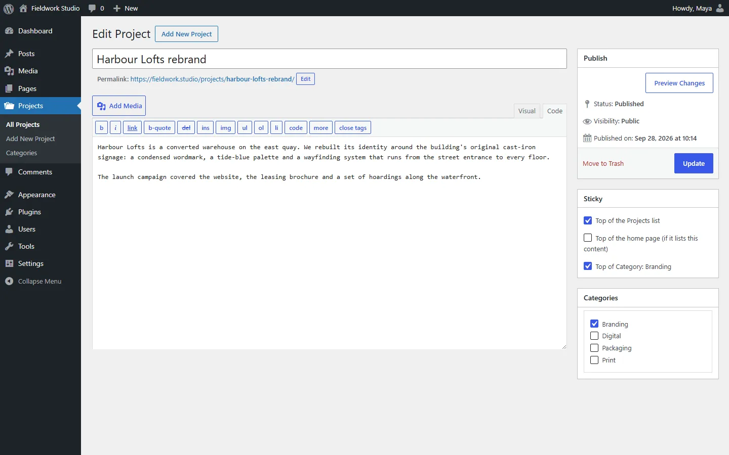 The Sticky box: top of the Projects list, the home page, or a category