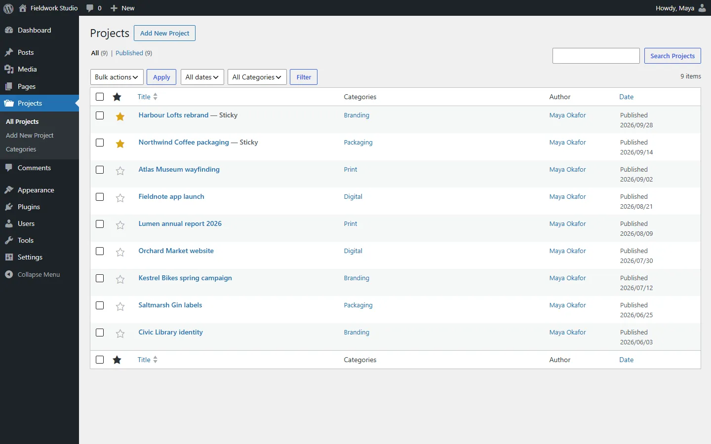 Sticky posts for custom post types: a star on every row of the Projects list