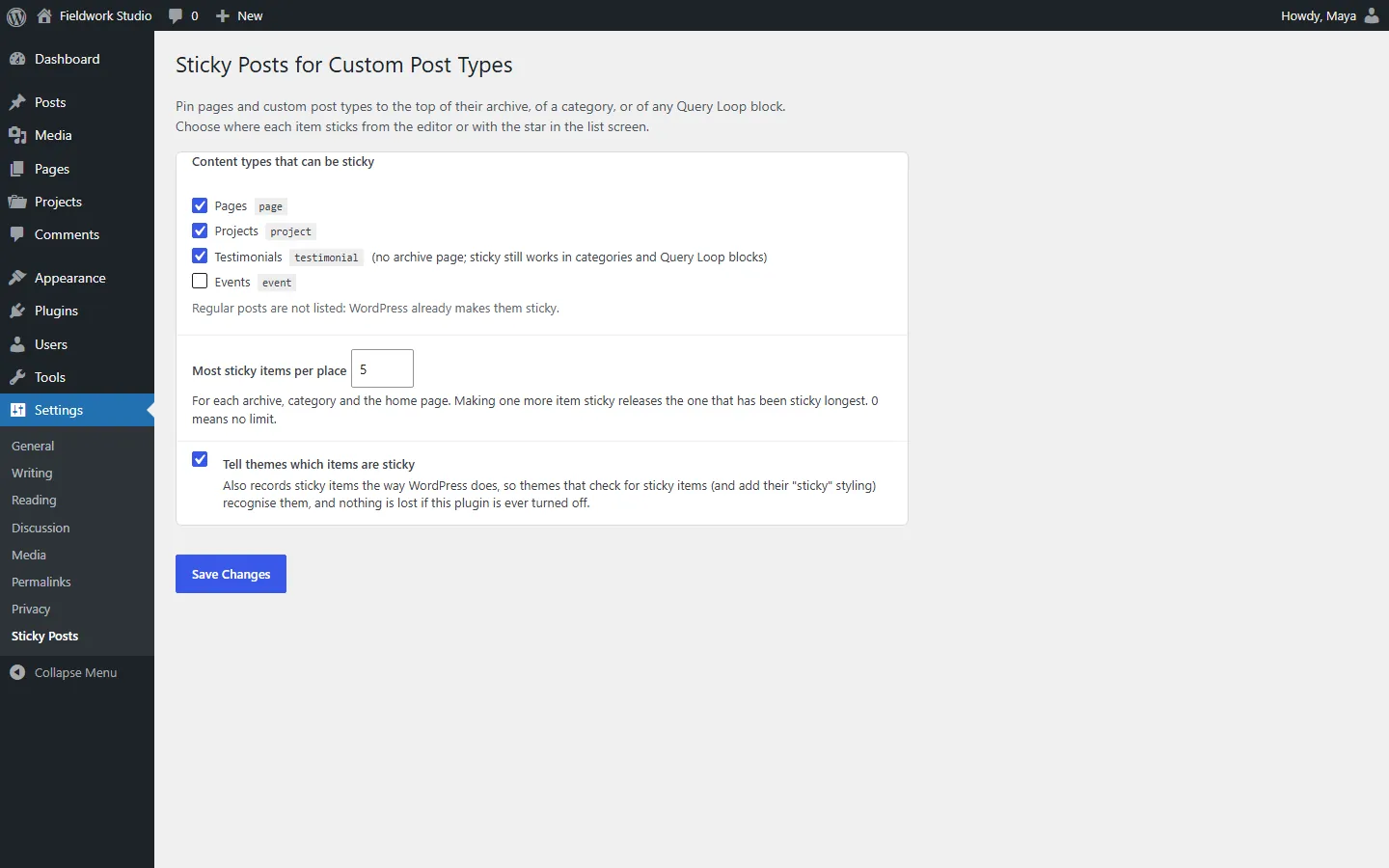 Settings → Sticky Posts: content types that can be sticky