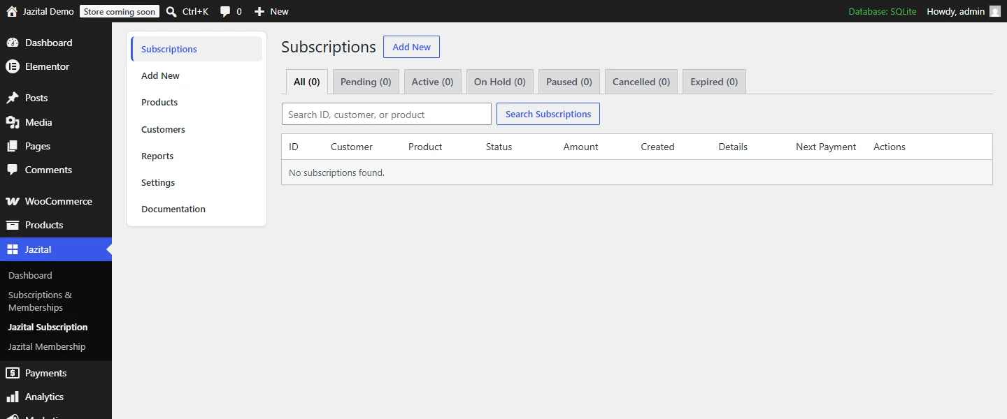 Subscriptions list with status filters