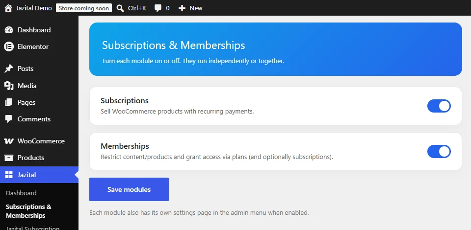 WooCommerce subscriptions plugin: Subscriptions and Memberships module switches