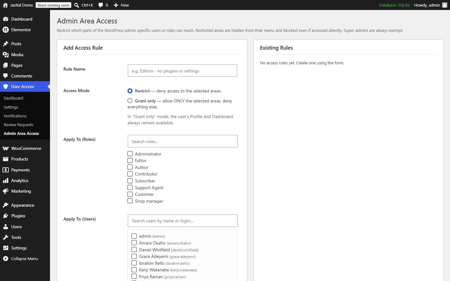 WordPress user access control: an Admin Area Access rule by role