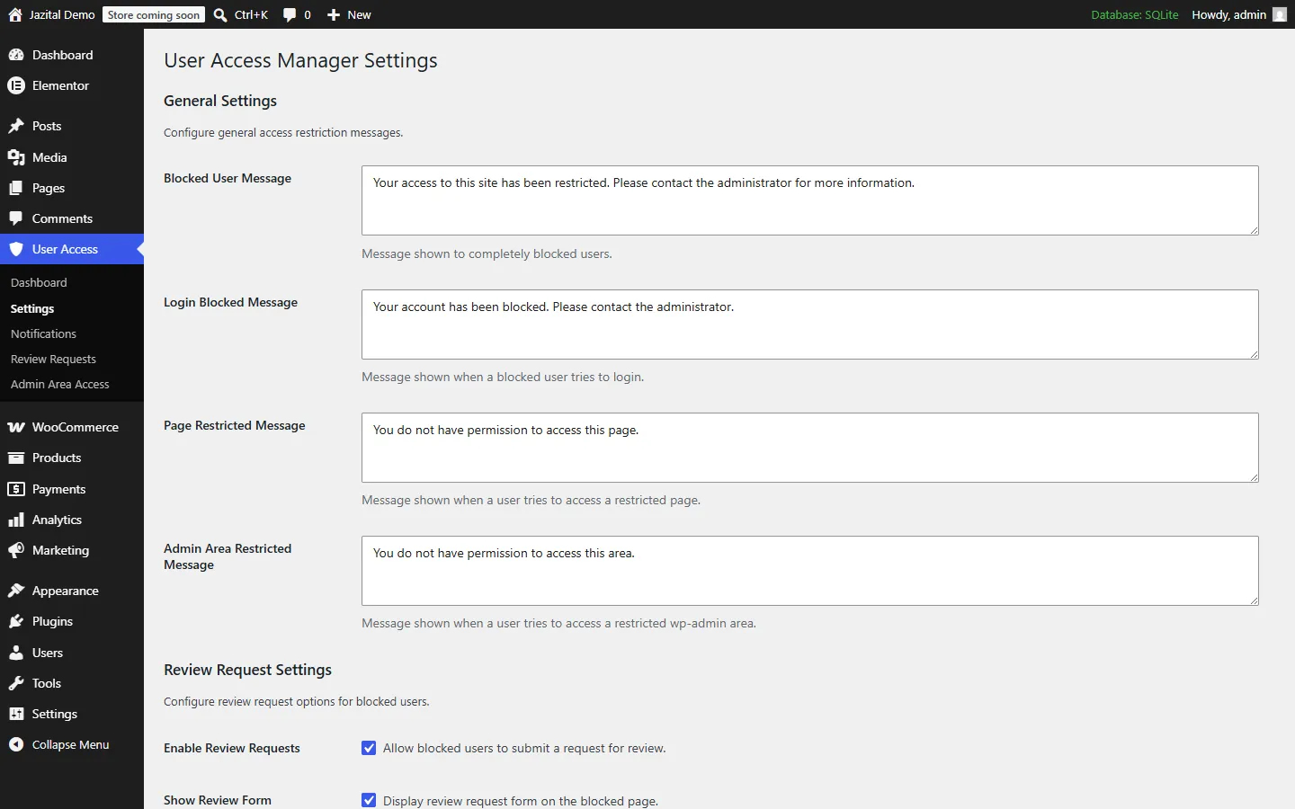 Settings for blocked, login-blocked and page-restricted messages