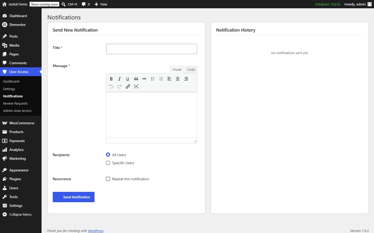Send notification form with recipients and recurrence