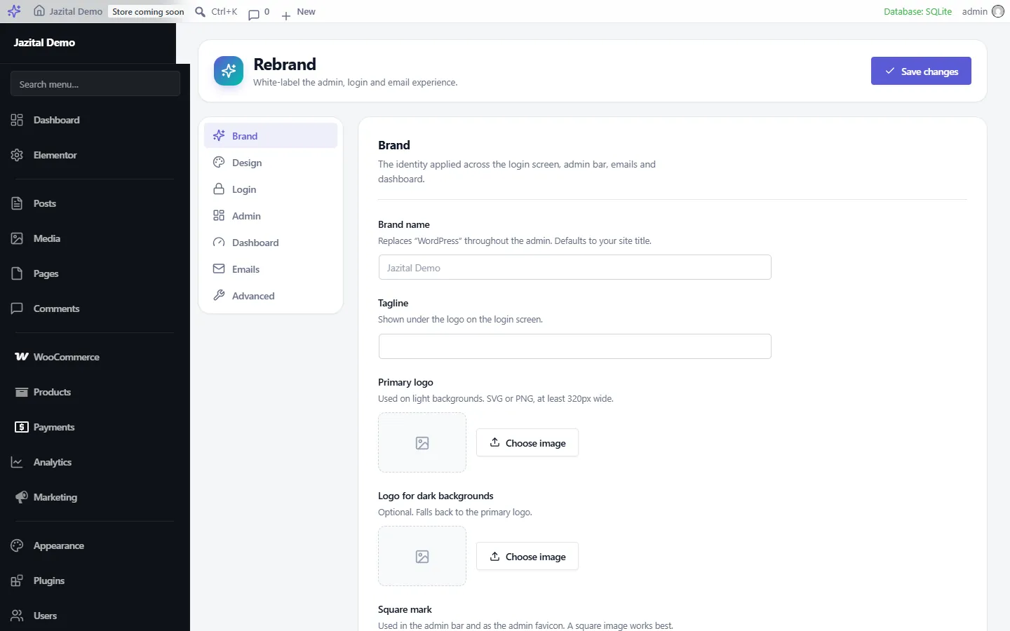 Rebrand screen with brand, design, login, admin and email sections