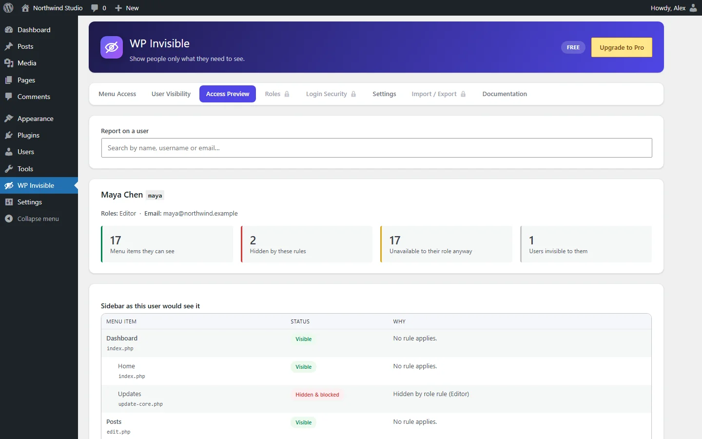 Access preview for an editor, with the reason each item is hidden