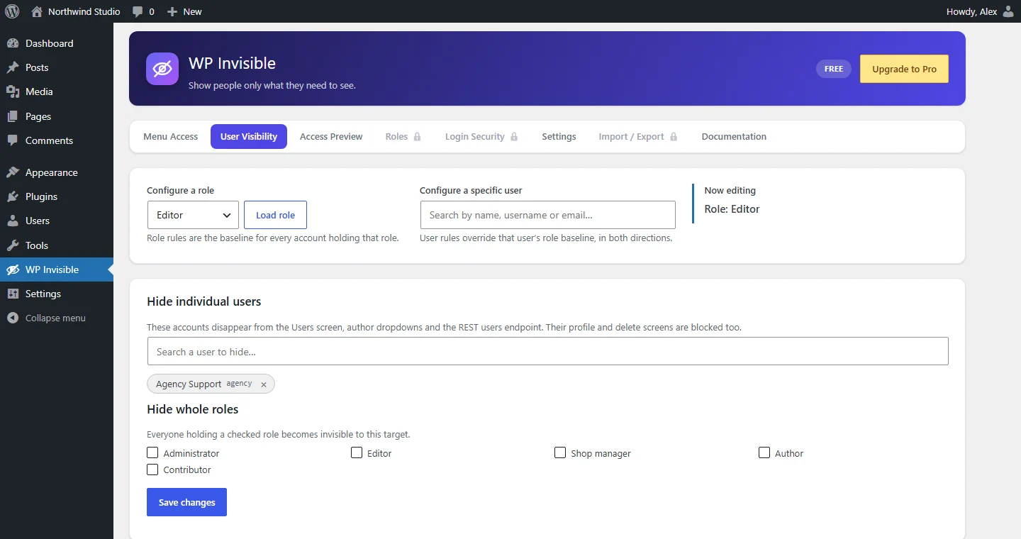 Hiding the agency support account from editors